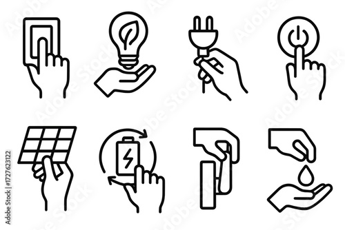 Energy Conservation Icons. Gestures icons in outline style: hand switching off light, hand holding leaf bulb, hand plugging cable, hand tapping power