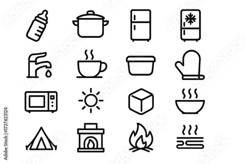 Everyday Icon Collection. Everyday scenarios icons in outline style: baby bottle, cooking pan, refrigerator, freezer, water tap, hot drink cup, food