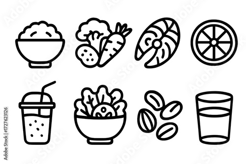 Healthy Meal Icons. Healthy meals icons in outline style: rice bowl, vegetable mix, fish fillet, fruit slice, smoothie glass, salad bowl, nuts, water