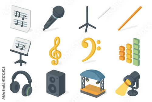 Music Practice Icons. Music practice set icons in modern isometric flat : sheet music, microphone, stand, conductor baton, music stand with paper,