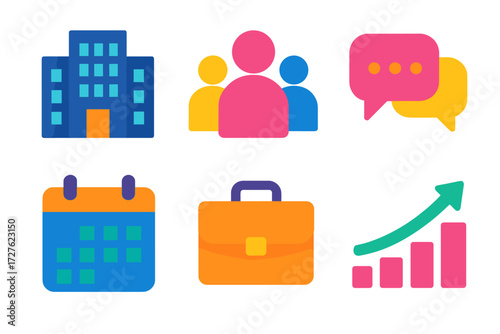 Modern Company Culture Icons. Company culture in modern flat vector : office building, teamwork group, chat bubbles, calendar, briefcase, growth arrow