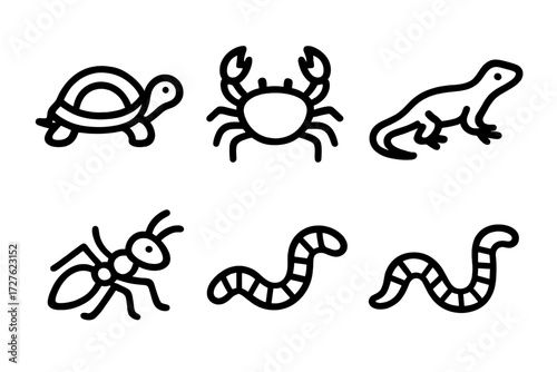 Crawling Animal Icons. Animal crawl icons in outline style: crawling motion, turtle, crab, lizard, ant, worm