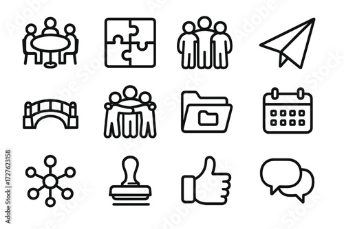 Teamwork Icon Set. Collaborative culture icons in outline style: round table discussion, puzzle pieces, unity circle, paper airplane, bridge