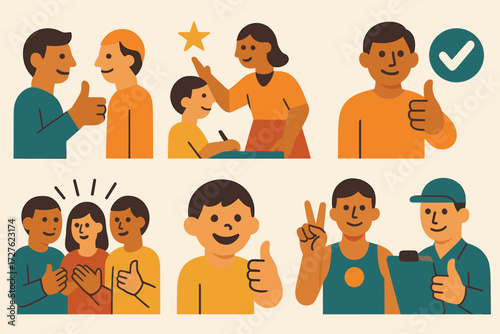 Positive Interaction Icons. Situations set of icons in abstract flat : friend giving approval, teacher encouraging student, teammate celebrating,