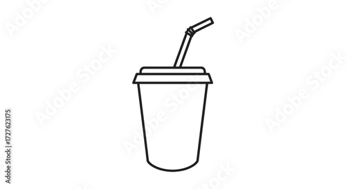 Disposable Drink Cup with Straw and Lid Line Art Icon.
