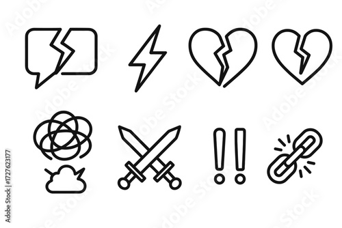 Symbols of Conflict. Symbols icons in outline style: broken speech bubble, jagged lightning bolt, split heart, tangled lines, exploding cloud,