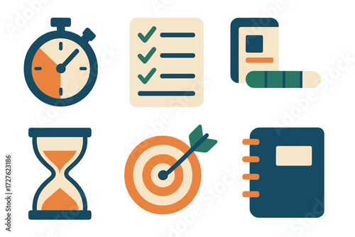 Productivity Icons. Productivity icons set of icons in abstract flat : stopwatch, checklist, task card, progress bar, sand timer, rising graph,