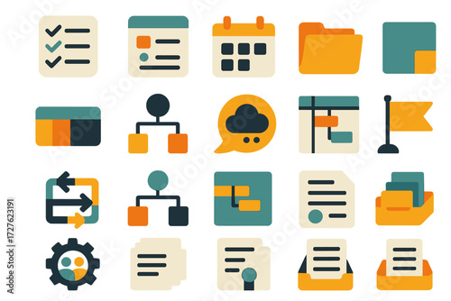 Process Icons. Work process set of icons in abstract flat : checklist, task card, calendar block, project folder, progress bar, flowchart,
