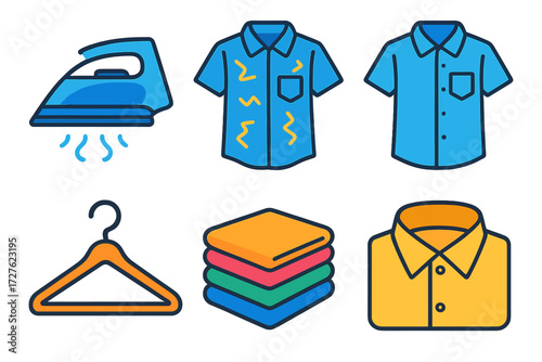 Minimalist Clothing Care Icons. Clothing care in modern flat vector : steam iron, wrinkled shirt, smooth shirt, hanger, folded stack, collar