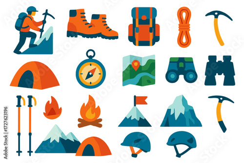 Mountaineering Adventure Icons. Mountaineering context in modern flat vector : mountain climber, hiking boots, backpack, rope, ice axe, tent, compass,