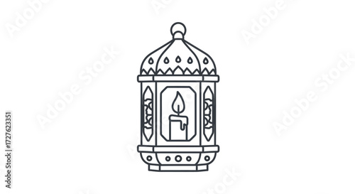 Ornate Islamic Lantern with Burning Candle Illustration.