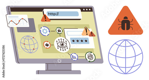 Computer monitor displaying alerts, malware icons, a padlock, graphs, and internet signs. Ideal for cybersecurity, data protection, hacking, online threats technology risks global networks simple