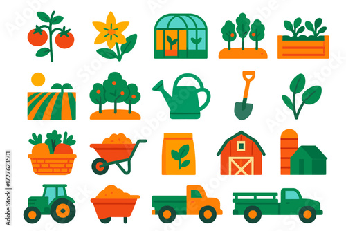 Farm Life Icons. Farm & garden in modern flat vector : tomato plant, tomato flower, tomato vine, greenhouse, raised bed, farm field, orchard row,