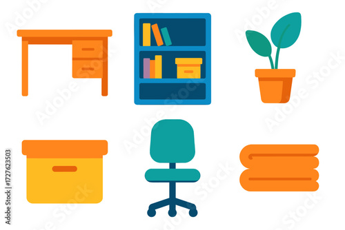 Minimal Office Icons. Tidy space in modern flat vector : empty desk, bookshelf, potted plant, storage box, chair, folded towel stack