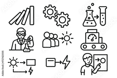 Dynamic Chain Reactions. Situations icons in outline style: domino run falling, gears turning together, chemical reaction illustration, scientist