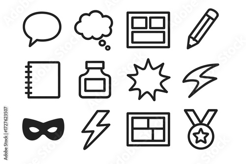 Comic Art Elements. Comic storytelling icons in outline style: dialogue bubble, thought bubble, storyboard, pencil, sketchbook, ink bottle, burst