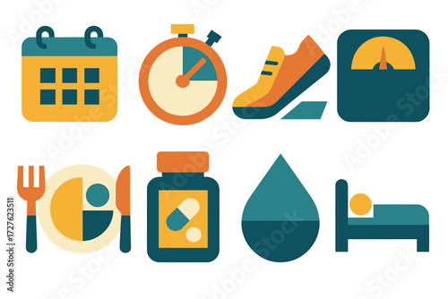 Routine Care Icons. Routine care set of icons in abstract flat : calendar, stopwatch, running shoe, weight scale, meal plate, vitamins bottle, water