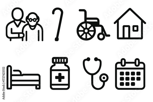 Elderly Care Symbols. Elderly care icons in outline style: caregiver, walking stick, wheelchair, home, bed, pill bottle, stethoscope, calendar.