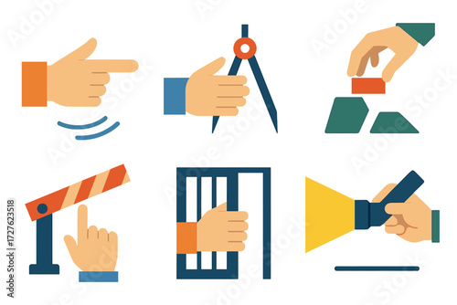 Abstract Gesture Icons. Gestures set of icons in abstract flat : hand pointing forward, hand sweeping gesture, hand holding compass, hand placing