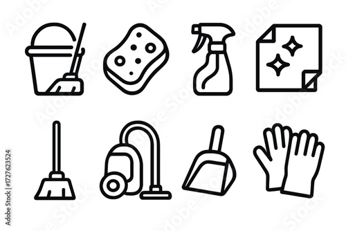 Cleaning Tools Icons. Cleaning tools icons in outline style: mop bucket, sponge, spray bottle, cleaning cloth, broom, vacuum, dustpan, gloves.