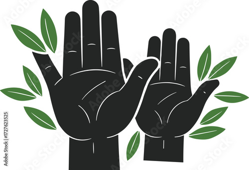 Raised Hands with Green Leaves Symbolizing Protection, Growth, Unity, Environmental Care, Family Bond, and Minimalist Vector Design for Social Awareness Themes