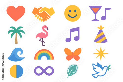 Vibrant Icon Collection. Mood themes in modern flat vector : love heart, handshake, happy face, cocktail glass, palm tree, flamingo, music note, party