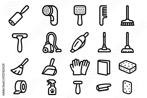Cleaning Tools Icons. Cleaning tools icons in outline style: lint roller, fabric shaver, grooming brush, slicker brush, comb, deshedding tool, vacuum