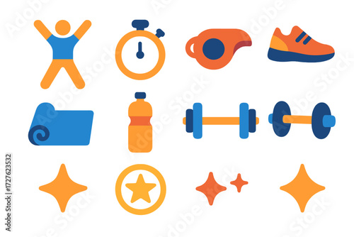 Vibrant Exercise Icons. Basic jumping jack in modern flat vector : exercise figure, stretching arms, legs apart figure, stopwatch, whistle, sneakers,