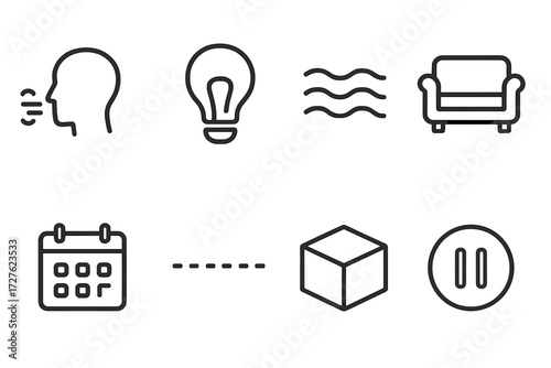 Balanced Icon Collection. Balanced planning icons in outline style: breathing space icon, light bulb with gap, calm wave, resting sofa, calendar with