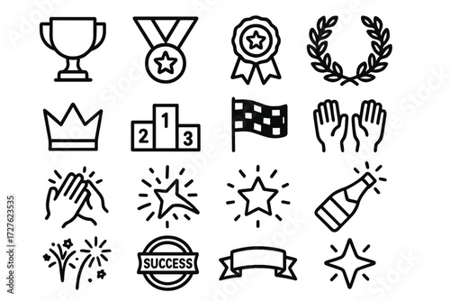 Victory Icons Collection. Victory basics icons in outline style: trophy, medal, ribbon award, laurel wreath, crown, podium, finish flag, raised hands