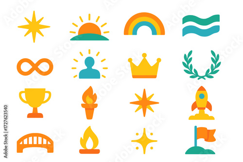 Icons of Achievement. Themes of service in modern flat vector : guiding star, sunrise horizon, rainbow arc, harmony wave, infinity loop, glowing aura,