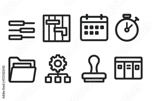 Strategic Schedule Icons. Strategic schedule icons in outline style: timeline bars, gantt chart, calendar week, stopwatch, organized folder, workflow