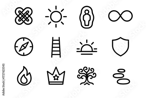 Symbolic Icon Collection. Symbolic customize tab icons in outline style: harmony knot, radiant sun, glowing aura, infinity loop, guiding compass,