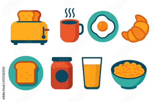 Modern Breakfast Icons. Breakfast set in modern flat vector : toaster, coffee cup, fried egg, croissant, plate with toast, jam jar, orange juice glass