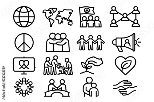 Global Compassion Icons. Global compassion icons in outline style: globe, world map, unity banner, partnership nodes, peace symbol, group hug, people