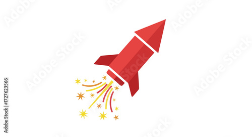 Red Rocket Ship with Flames and Sparkles Illustration.