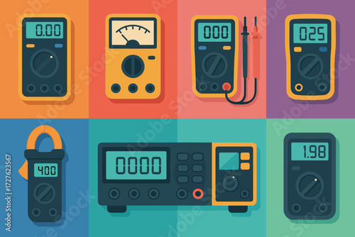 Variety of Multimeters. Objects in modern flat vector : digital multimeter, analog multimeter, multimeter with probes, handheld multimeter, clamp