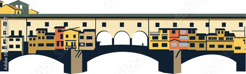 Stylized Illustration of Ponte Vecchio Bridge in Florence Italy Featuring Historic Architecture, Colorful Shops, Arches, and Cultural European Landmark Design