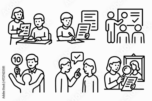 Review and Feedback Icons. Situations icons in outline style: teacher grading paper, student reviewing draft, editor marking notes, team evaluating