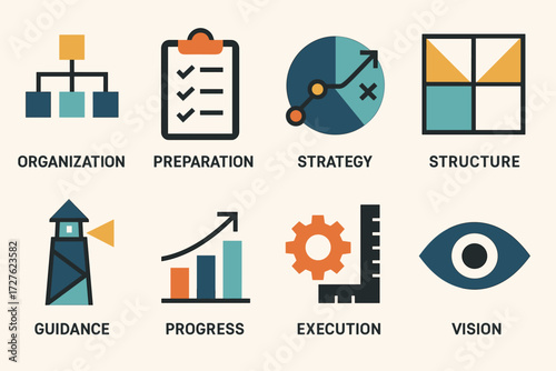 Strategy Icons. Concepts set of icons in abstract flat : organization, preparation, strategy, structure, guidance, progress, execution, vision