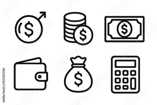 Financial Icons Collection. Market icons icons in outline style: financial bubble, coin stack, dollar bill, wallet, money bag, calculator