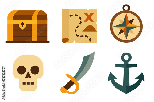 Pirate Icons. Pirate loot set of icons in abstract flat : treasure chest, pirate map, compass, skull, cutlass sword, anchor