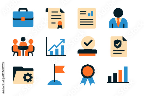 Business Icon Set. Business spending pattern set of icons in abstract flat : briefcase, contract paper, report sheet, supervisor figure, meeting