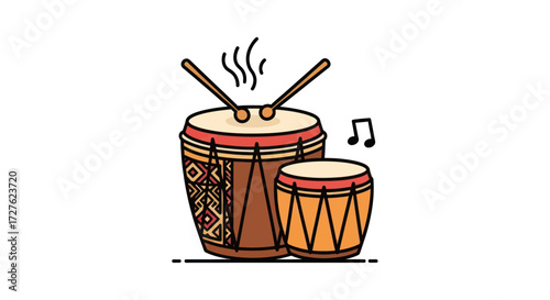 Two African Drums with Drumsticks and Musical Notes.