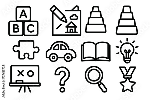 Learning Icons Collection. Learning progress icons in outline style: alphabet blocks, crayon, drawing paper, stacking cups, puzzle piece, toy car,
