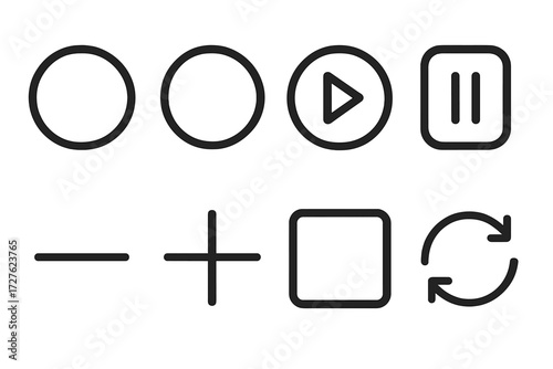 Minimalist Countdown Icons. Minimalist countdown set icons in outline style: plain circle, progress bar, play button, pause button, minus symbol,