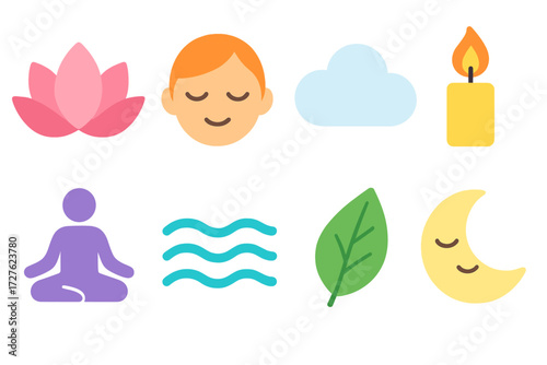 Serene Reflection Icons. Calm reflection icons in modern flat vector : lotus flower, closed eyes face, soft cloud, candle flame, meditation pose,