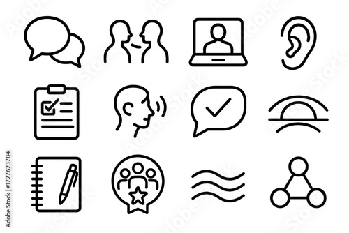Communication Icons Collection. Integrity in communication icons in outline style: speech bubbles, two people talking, video call, listening ear,