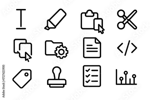 Content Editing Icons. Content editing icons in outline style: text cursor, highlighter, copy clipboard, cut scissors, paste cursor, folder with gear