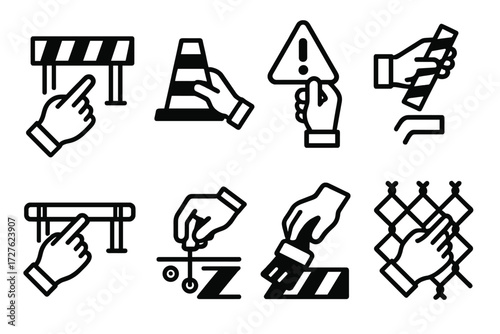 Hand Gestures Icons. Gestures icons in outline style: hand pointing at barrier, hand placing cone, hand holding warning sign, hand lifting barrier